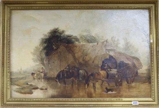 19th century English School, oil on canvas, Wagon crossing a brook, 47 x 73cm